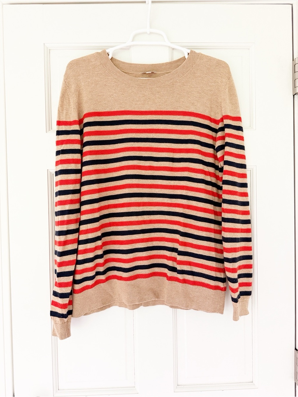 TALBOTS lightweight sweater size M tan brown orange navy striped crewneck